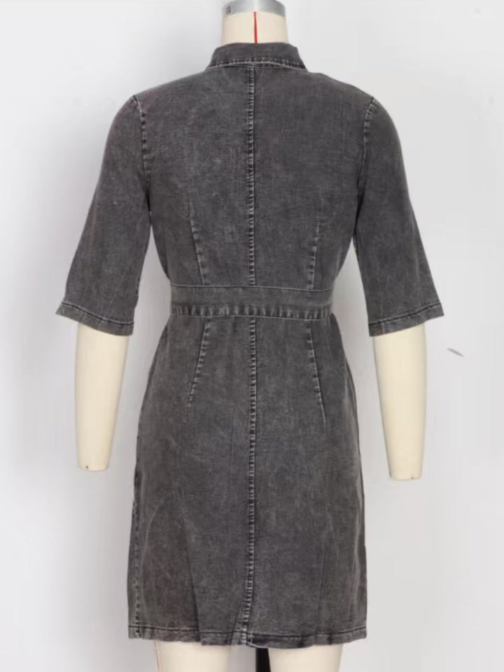 Zip-front tie-waist short sleeve denim mini dress