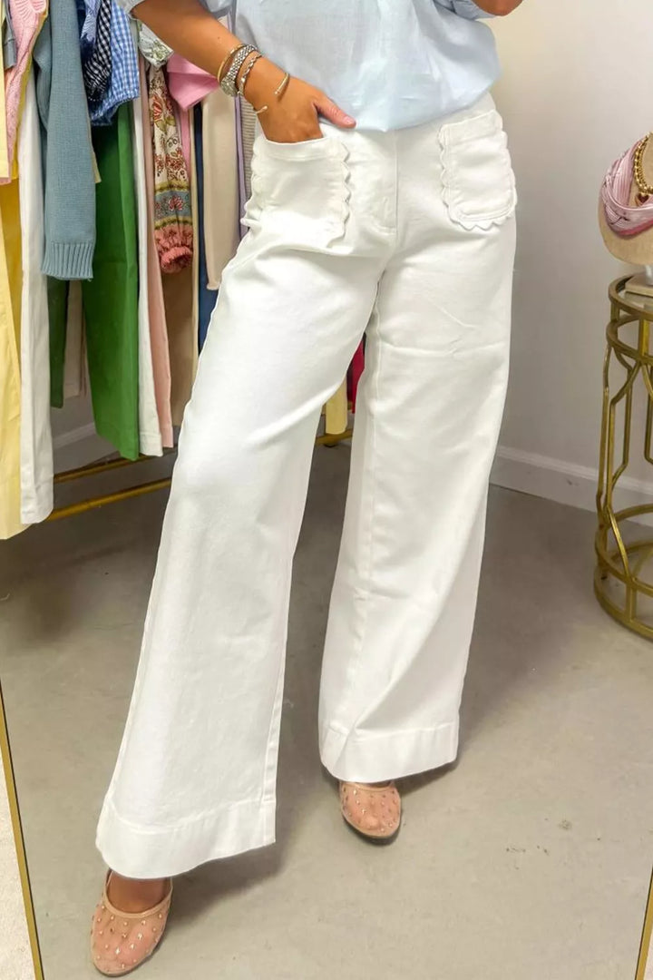 White Scalloped patch pocket high-rise wide-leg jeans