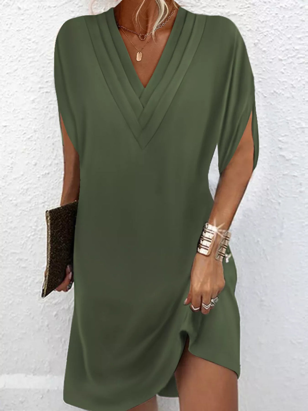 Army Green Pleated V-neck split sleeve relaxed mini dress