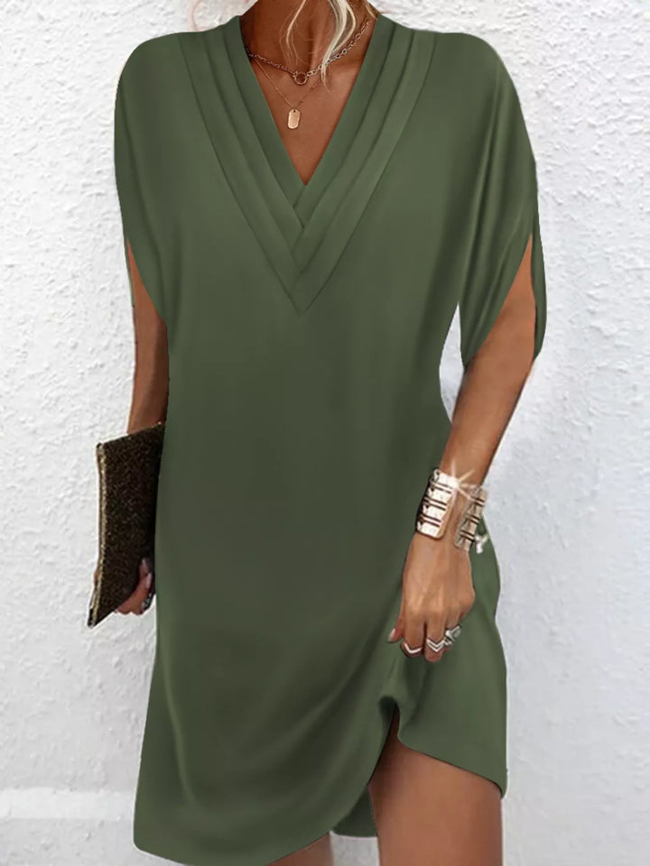 Army Green Pleated V-neck split sleeve relaxed mini dress