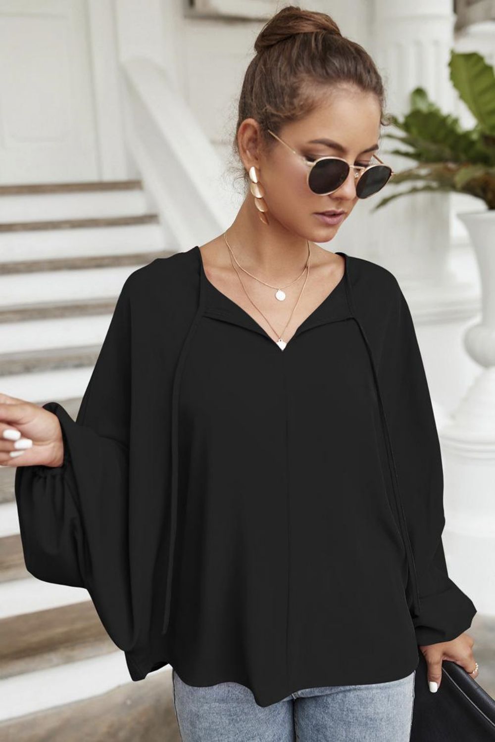 Balloon sleeve tie-neck blouse with keyhole front
