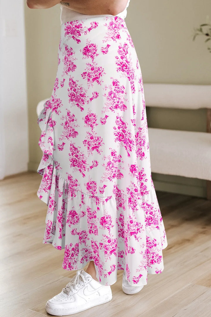 High-waist floral maxi skirt with ruffle and front slit