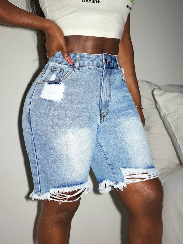 Distressed high-rise frayed hem denim shorts