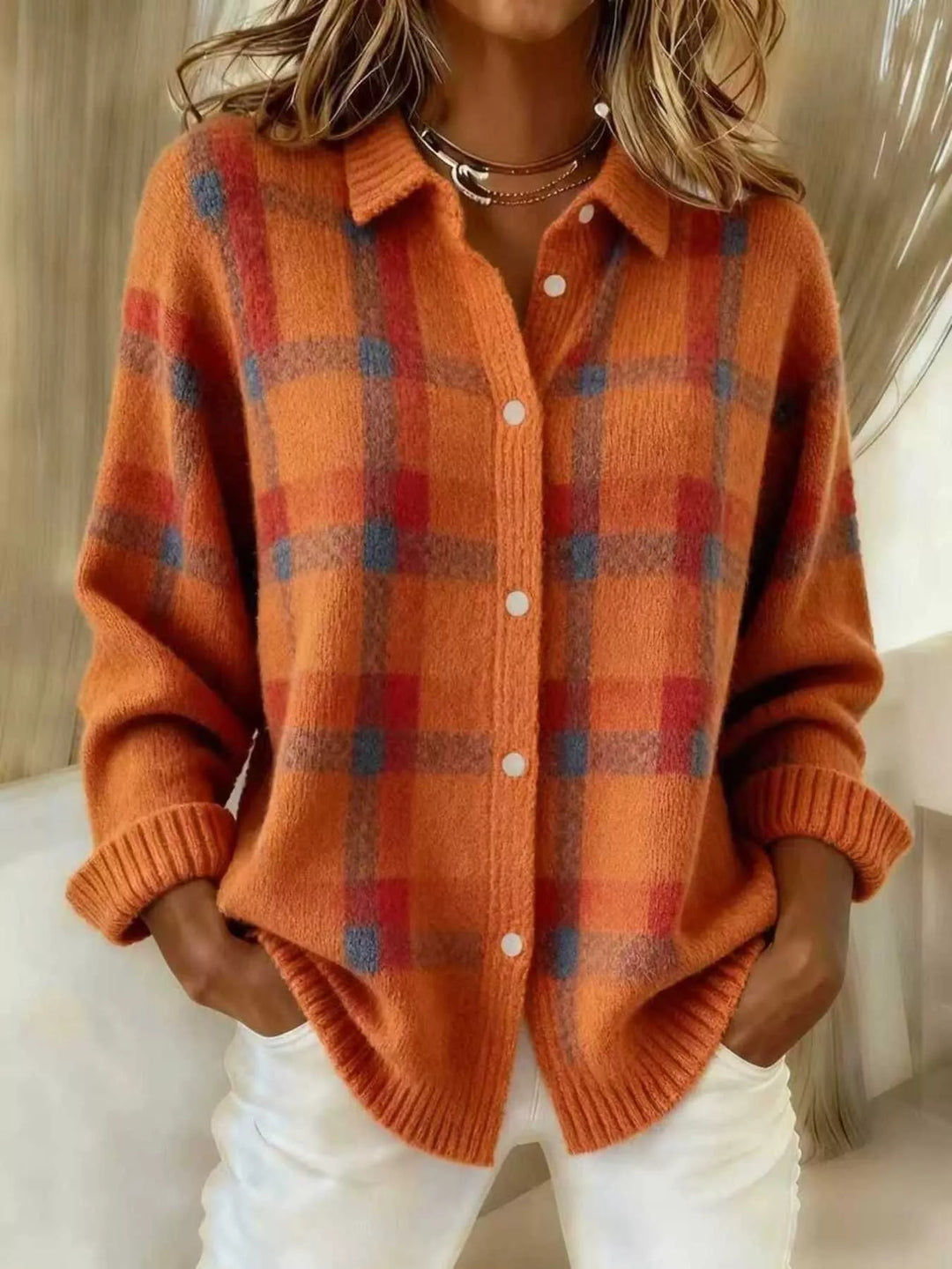 Orange Plaid button-down knit cardigan with ribbed cuffs and hem