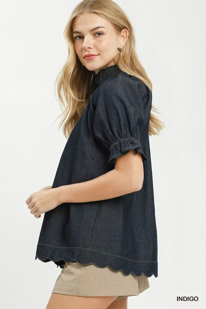 Chambray puff sleeve blouse with scalloped hem and split neck