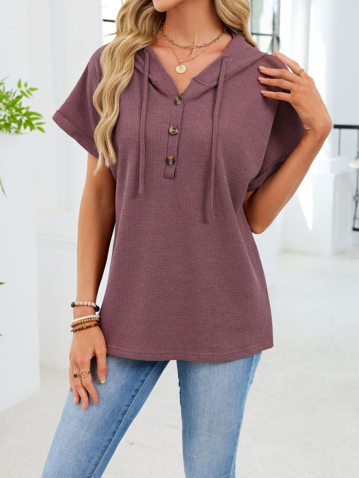 Waffle knit short-sleeve hoodie with button placket