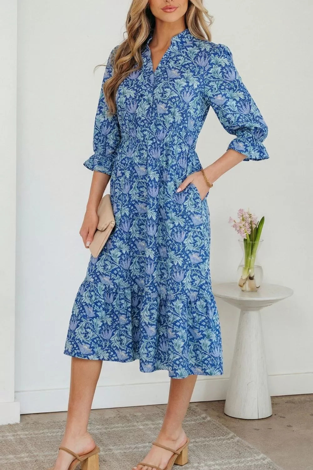 Floral tiered midi dress with frilled bracelet sleeves