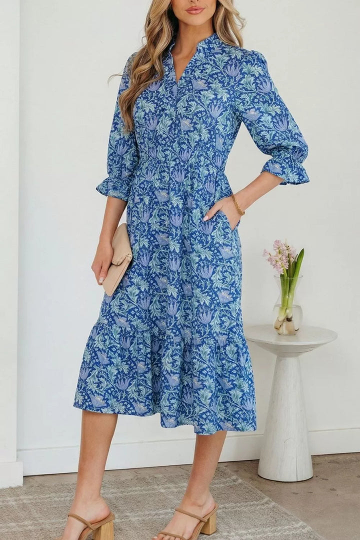 Floral tiered midi dress with frilled bracelet sleeves