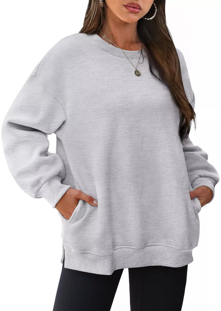Light Gray Relaxed crew neck sweatshirt with side pockets and slit hem