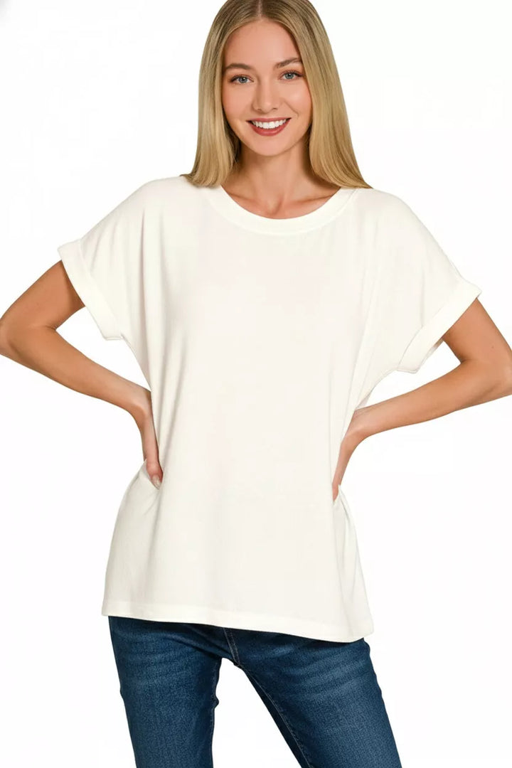 Melange hacci knit short sleeve round neck top