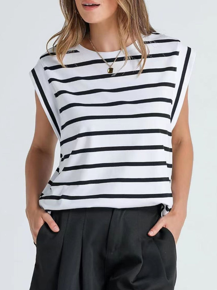 Striped cap-sleeve crew neck muscle tank top