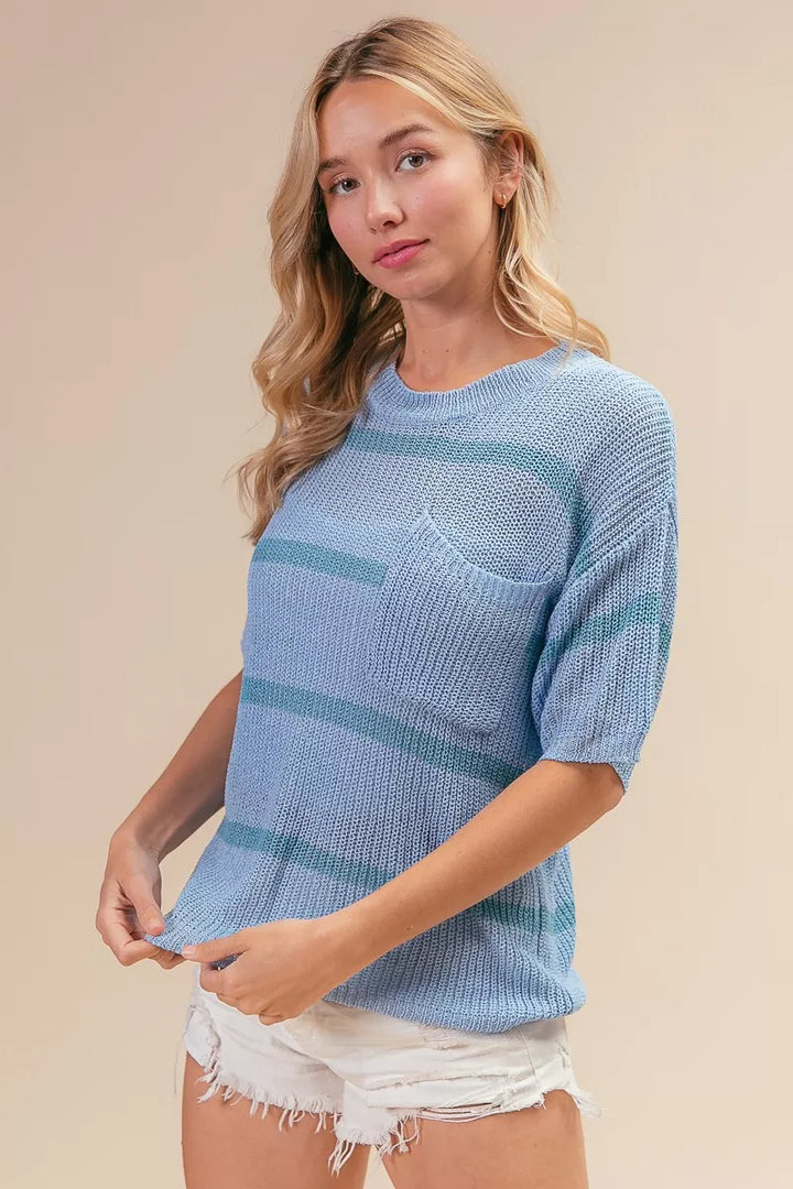 Striped short-sleeve knit sweater top with patch pocket