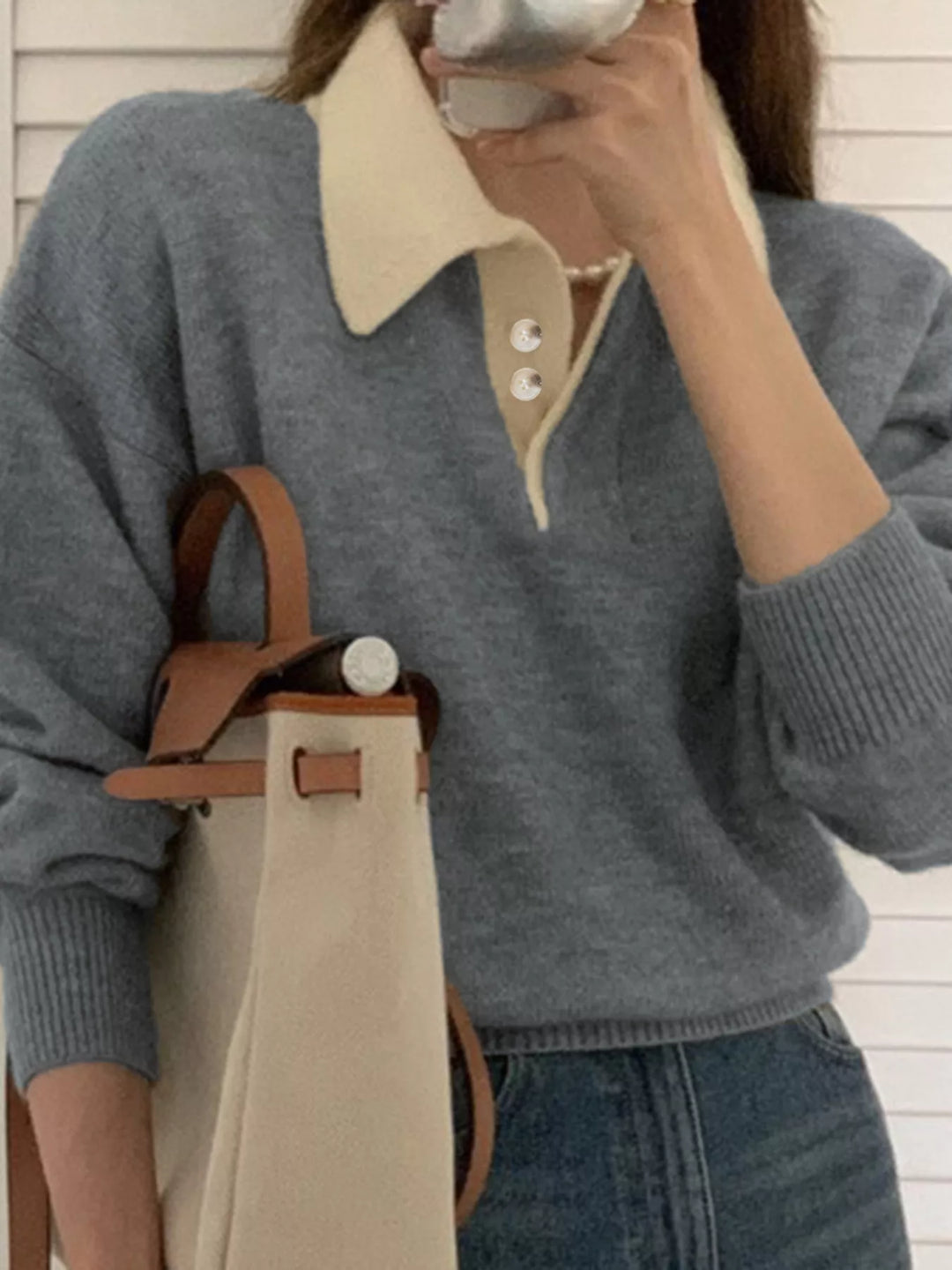 Gray Contrast collar dropped-shoulder knit polo sweater