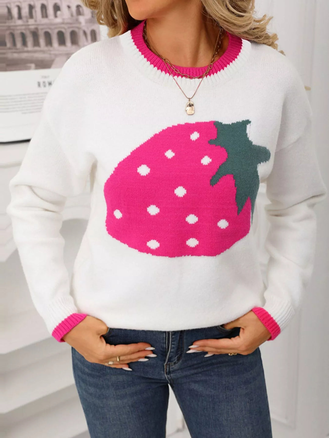 White Strawberry graphic crew neck knit sweater