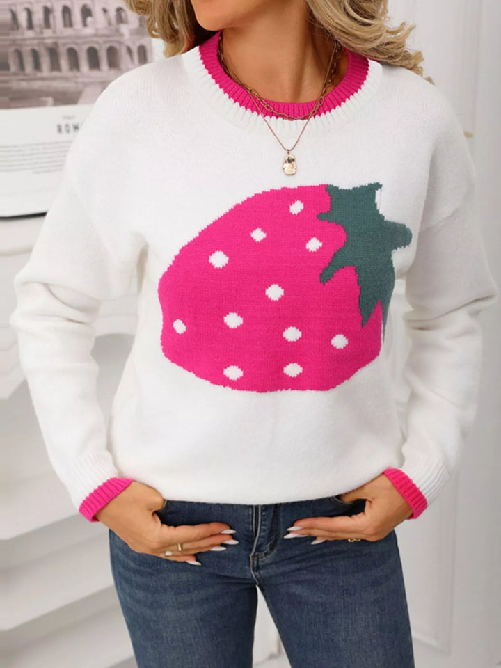White Strawberry graphic crew neck knit sweater