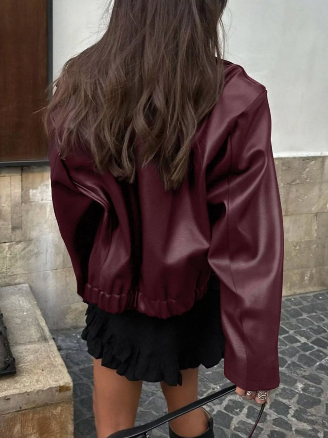 Oversized faux leather zip-up bomber jacket