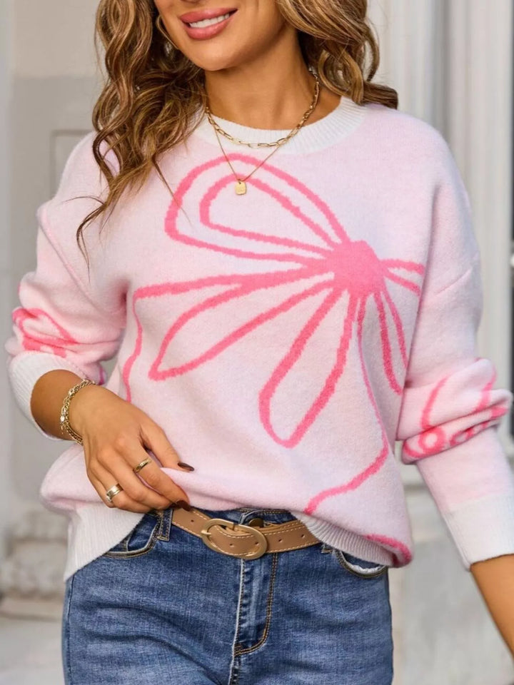 Floral print crew neck knit pullover sweater