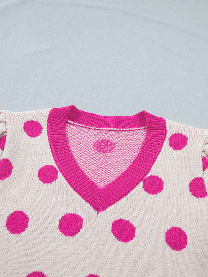 Polka dot puff sleeve V-neck sweater top