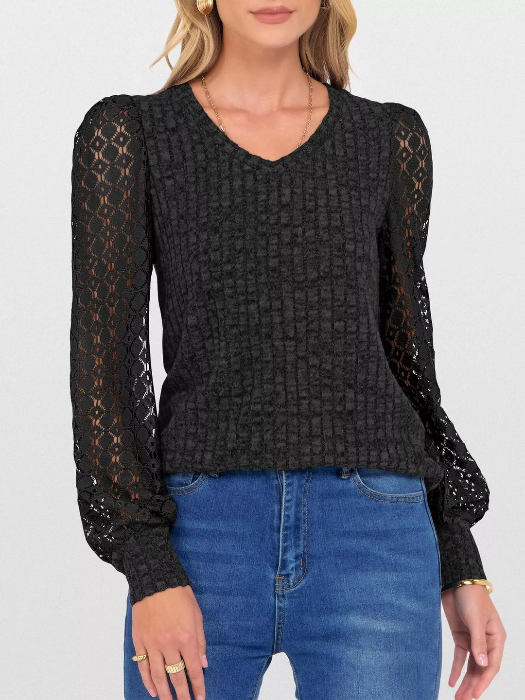 Black Sheer lace sleeve ribbed knit V-neck top