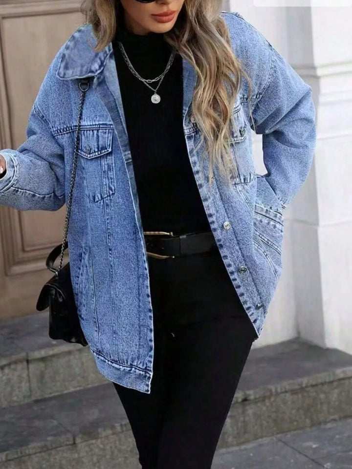 Blue Oversized washed denim button-up jacket with chest pockets