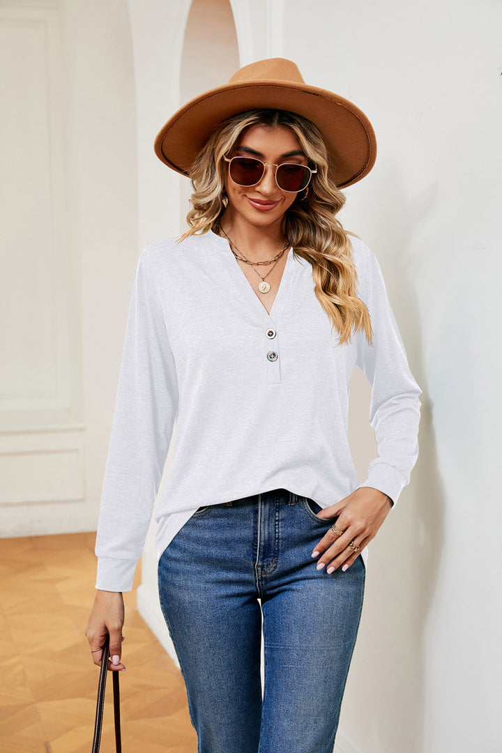 White Notch neck long sleeve top with button placket