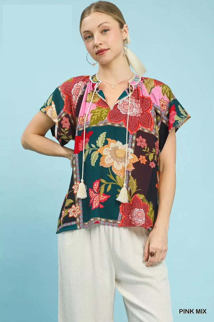 PINK MIX Mixed floral patchwork top with tassel tie neck