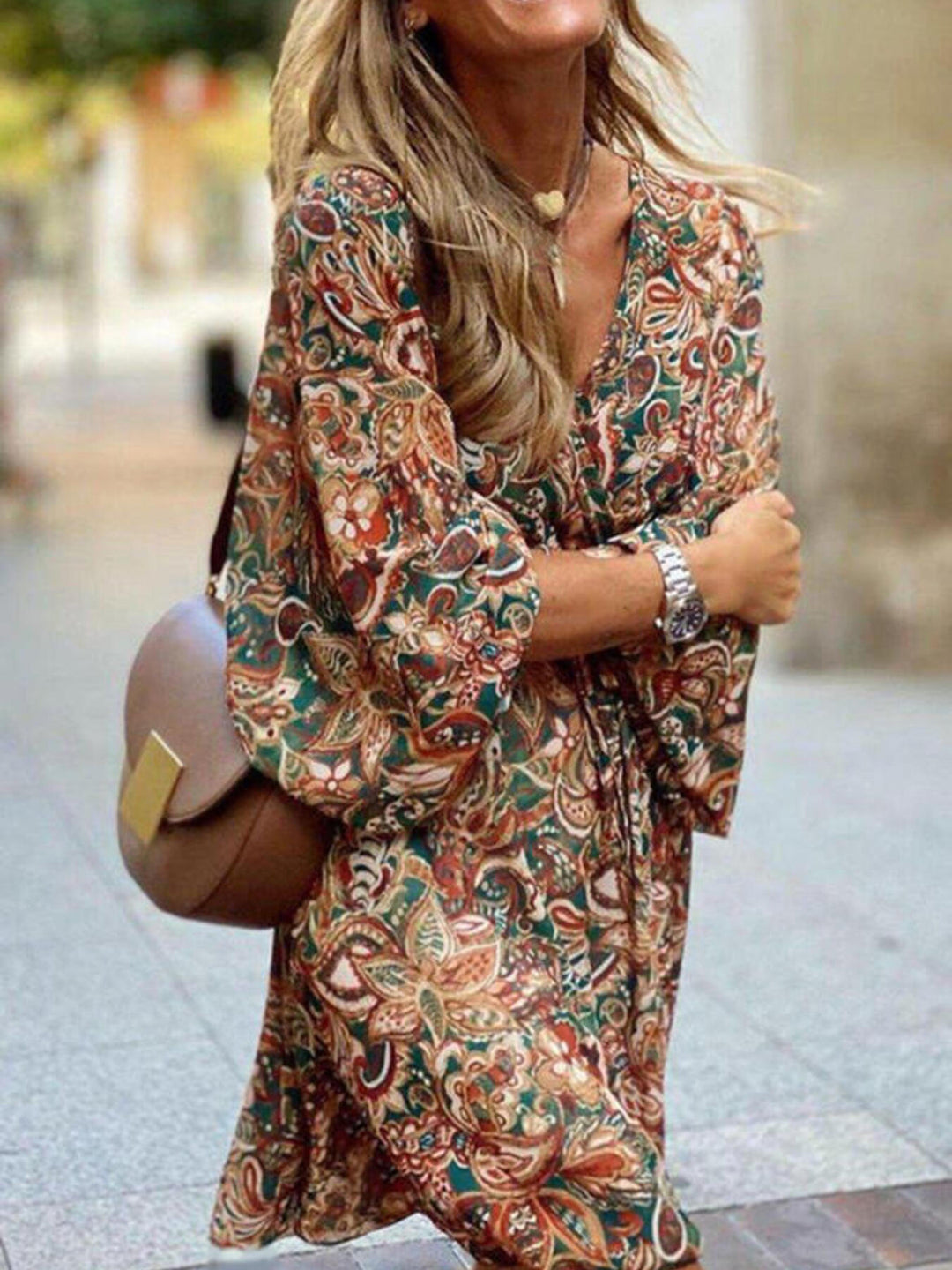 Paisley print balloon sleeve V-neck mini dress
