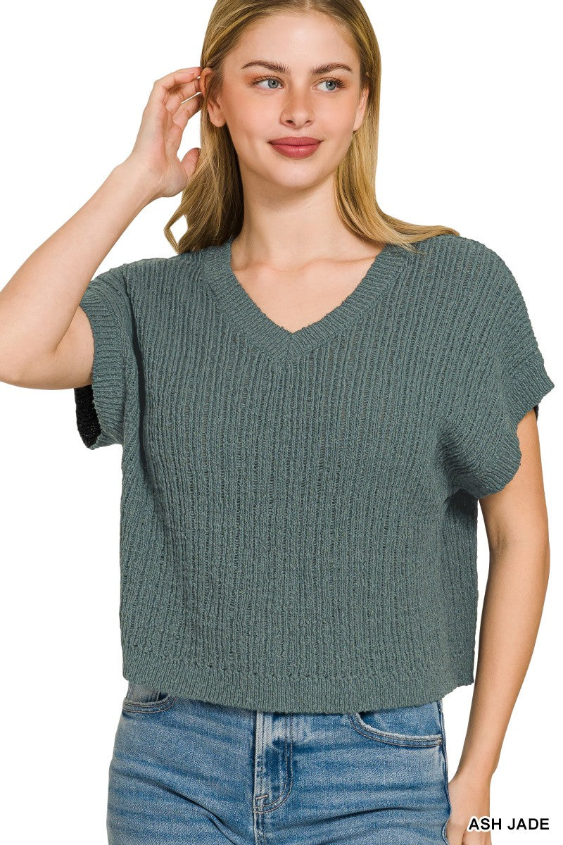 Textured knit V-neck short-sleeve cropped sweater