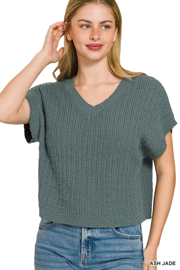 Textured knit V-neck short-sleeve cropped sweater