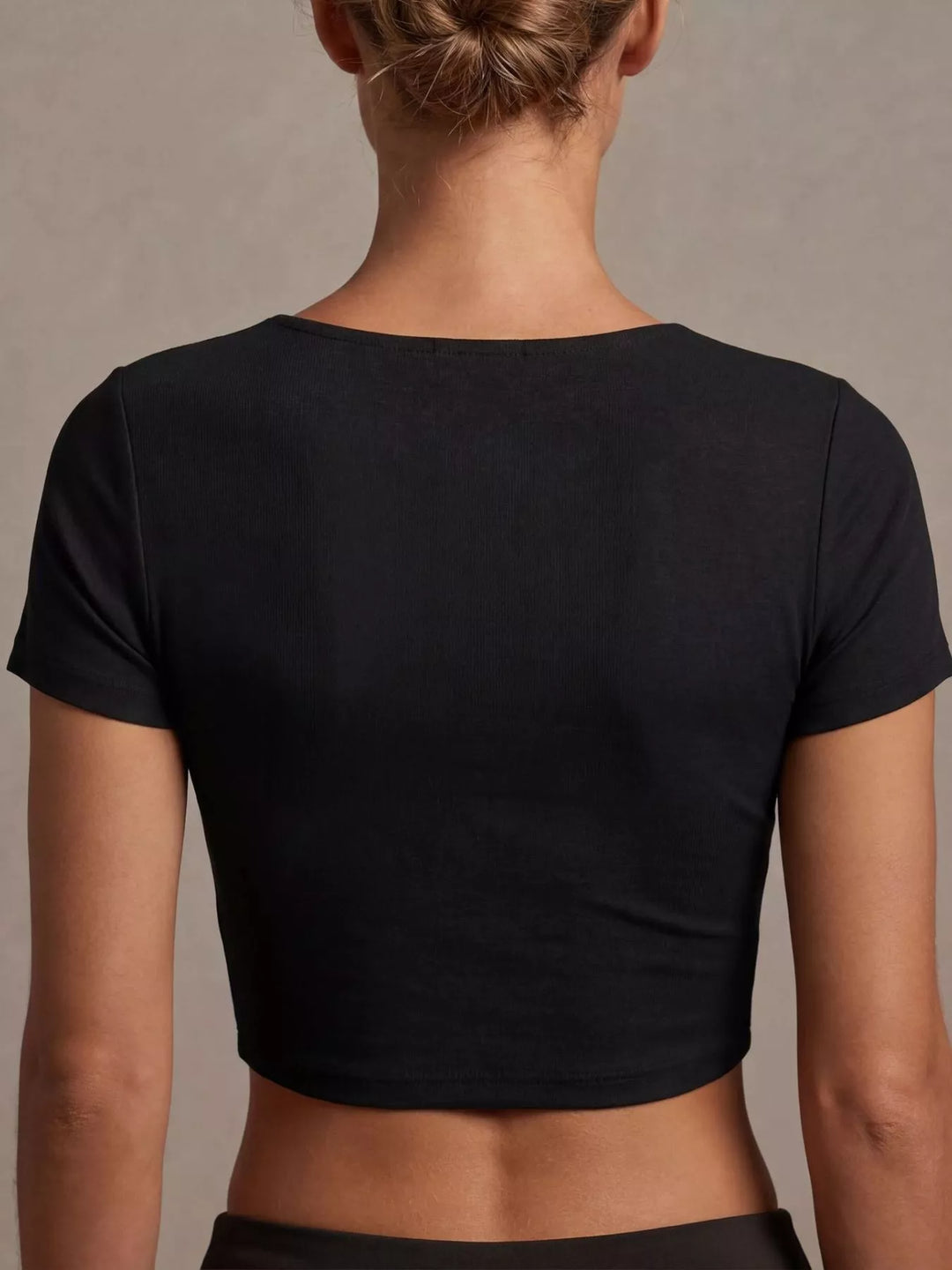 Short-sleeve twist-front deep V-neck crop top