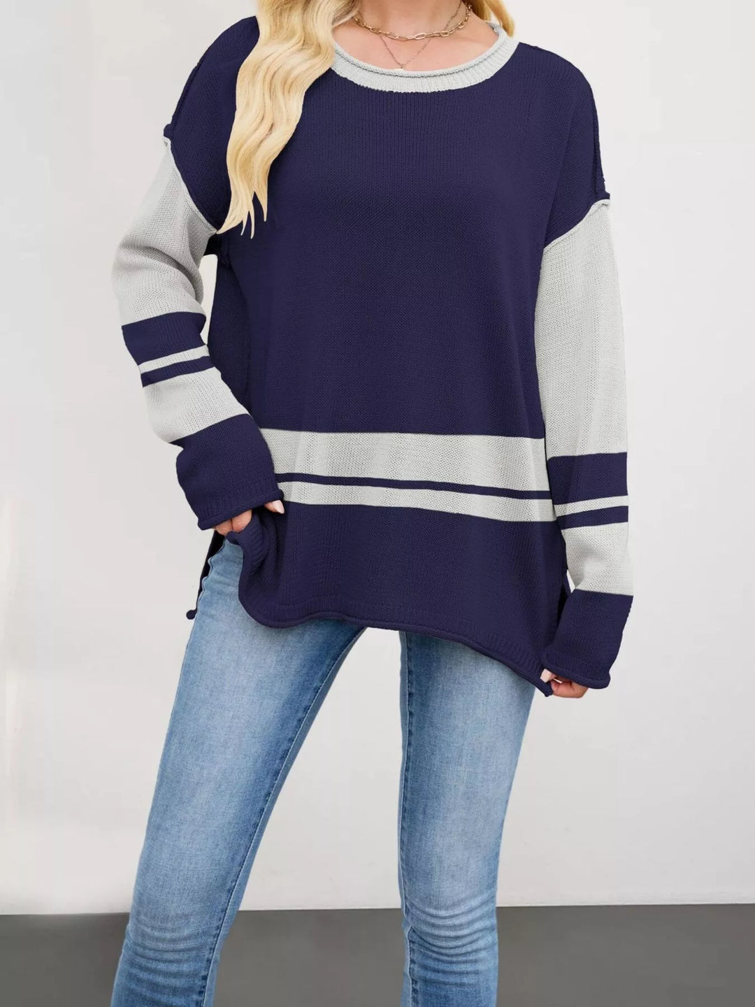 Navy Blue Striped colorblock drop shoulder sweater with side slits