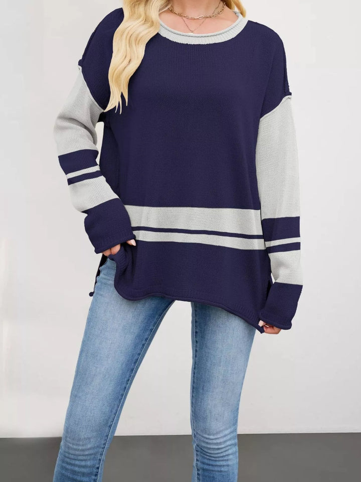 Navy Blue Striped colorblock drop shoulder sweater with side slits