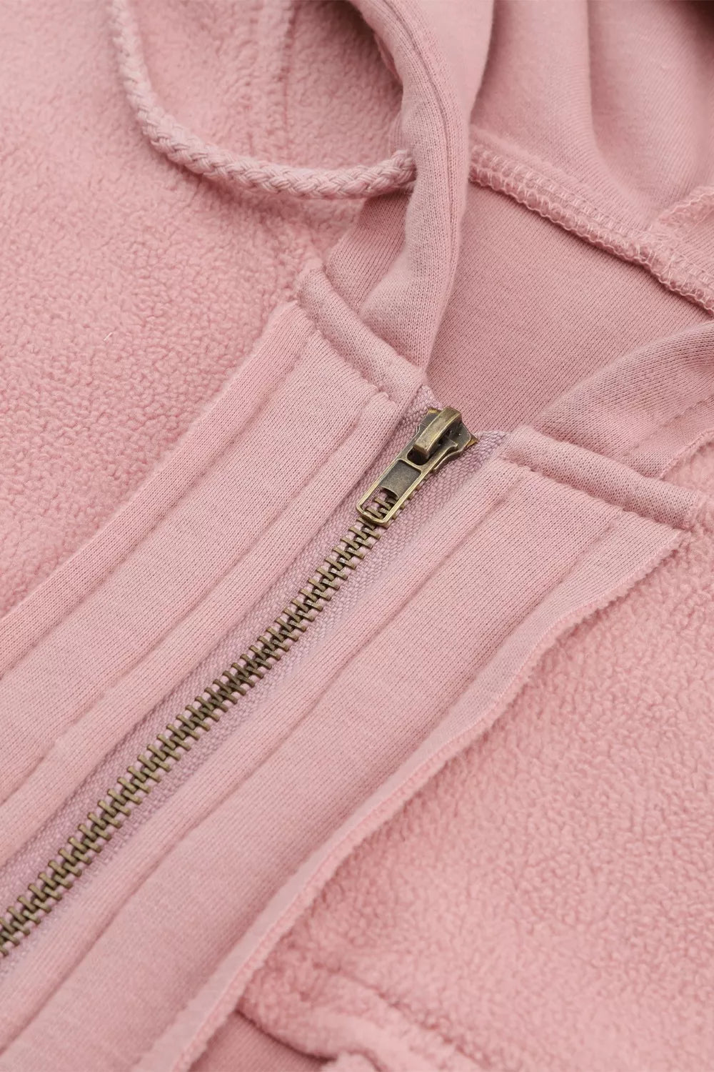 Zip-up hooded fleece jacket with flap pockets