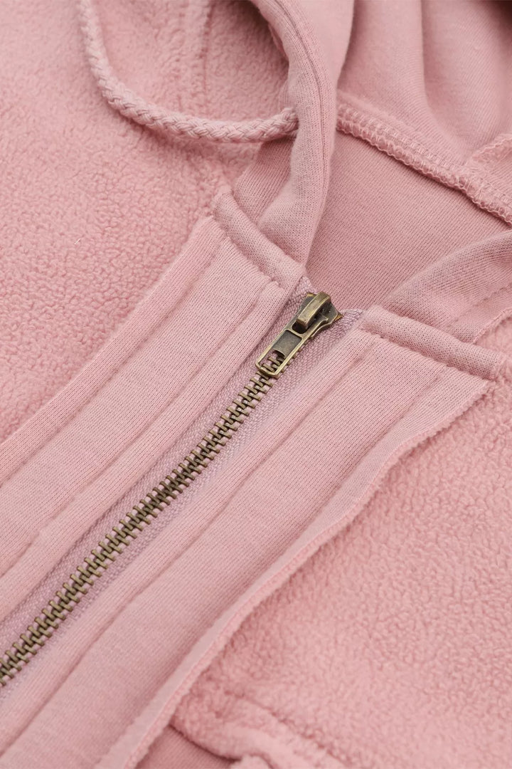 Zip-up hooded fleece jacket with flap pockets