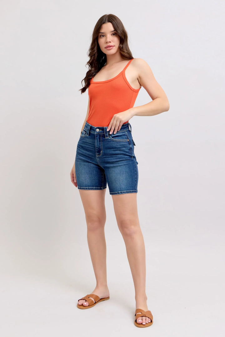 High-rise Bermuda denim shorts with back flap pockets