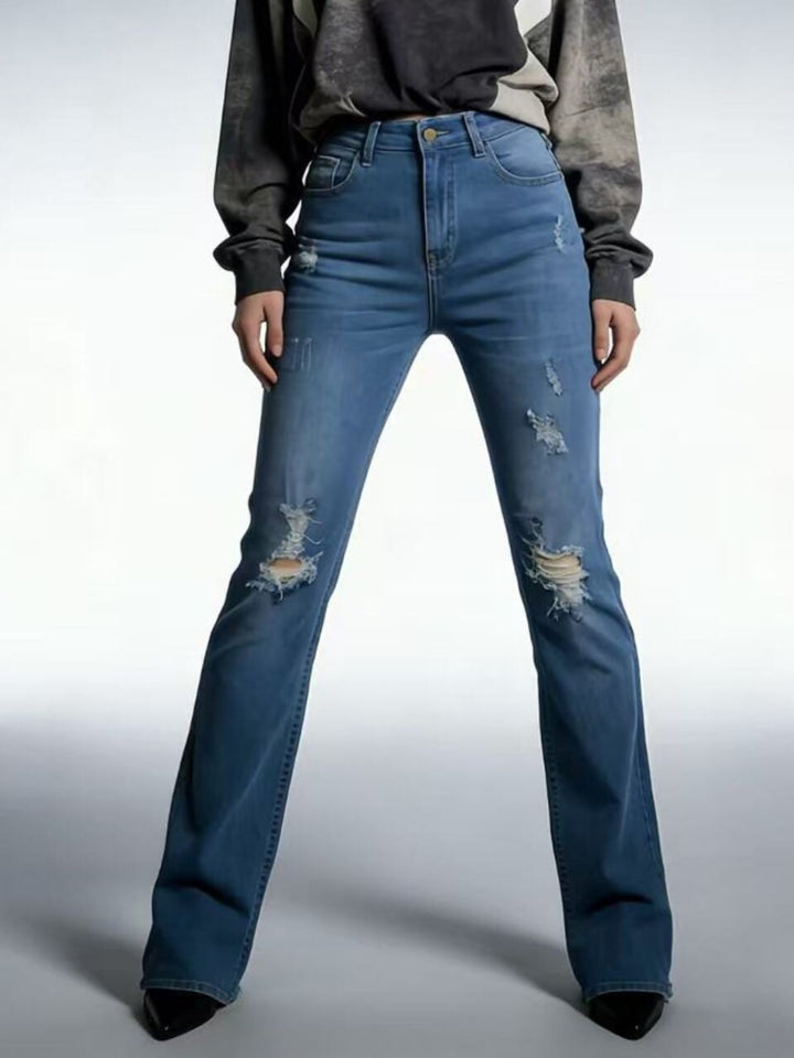 Distressed high-rise skinny jeans with frayed hem