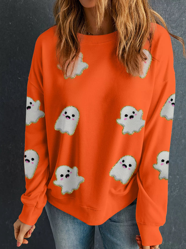 Orange Ghost patch crewneck Halloween sweatshirt with drop shoulders