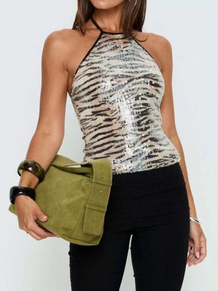 Sequin tiger print halter cami with tie back