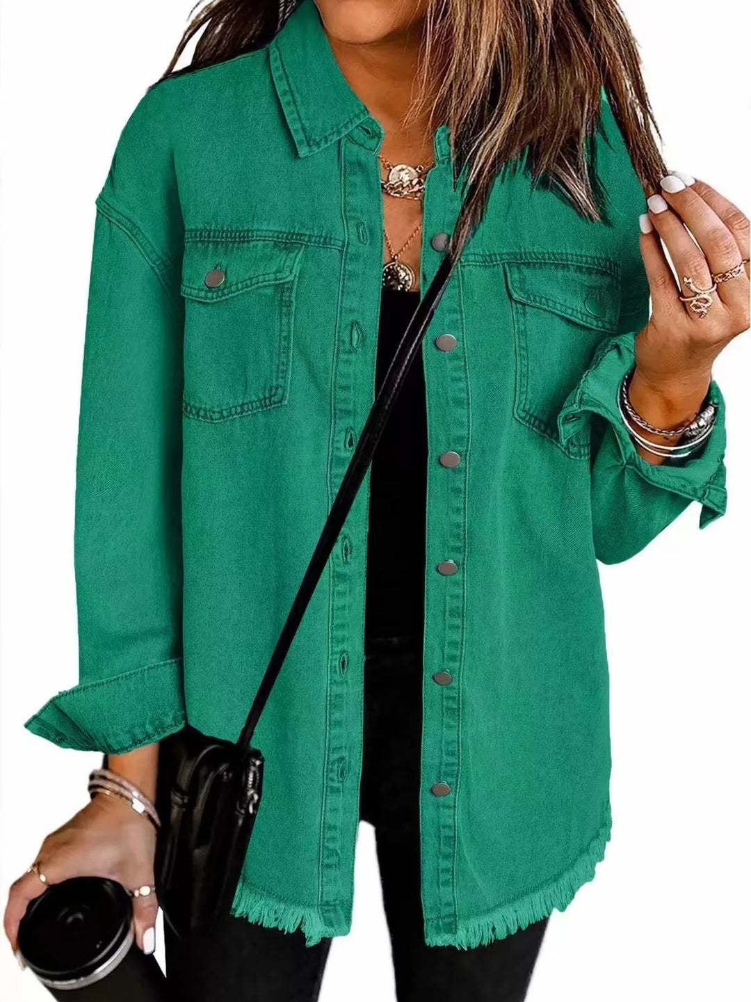 Green Frayed raw hem button-up denim jacket with flap pockets