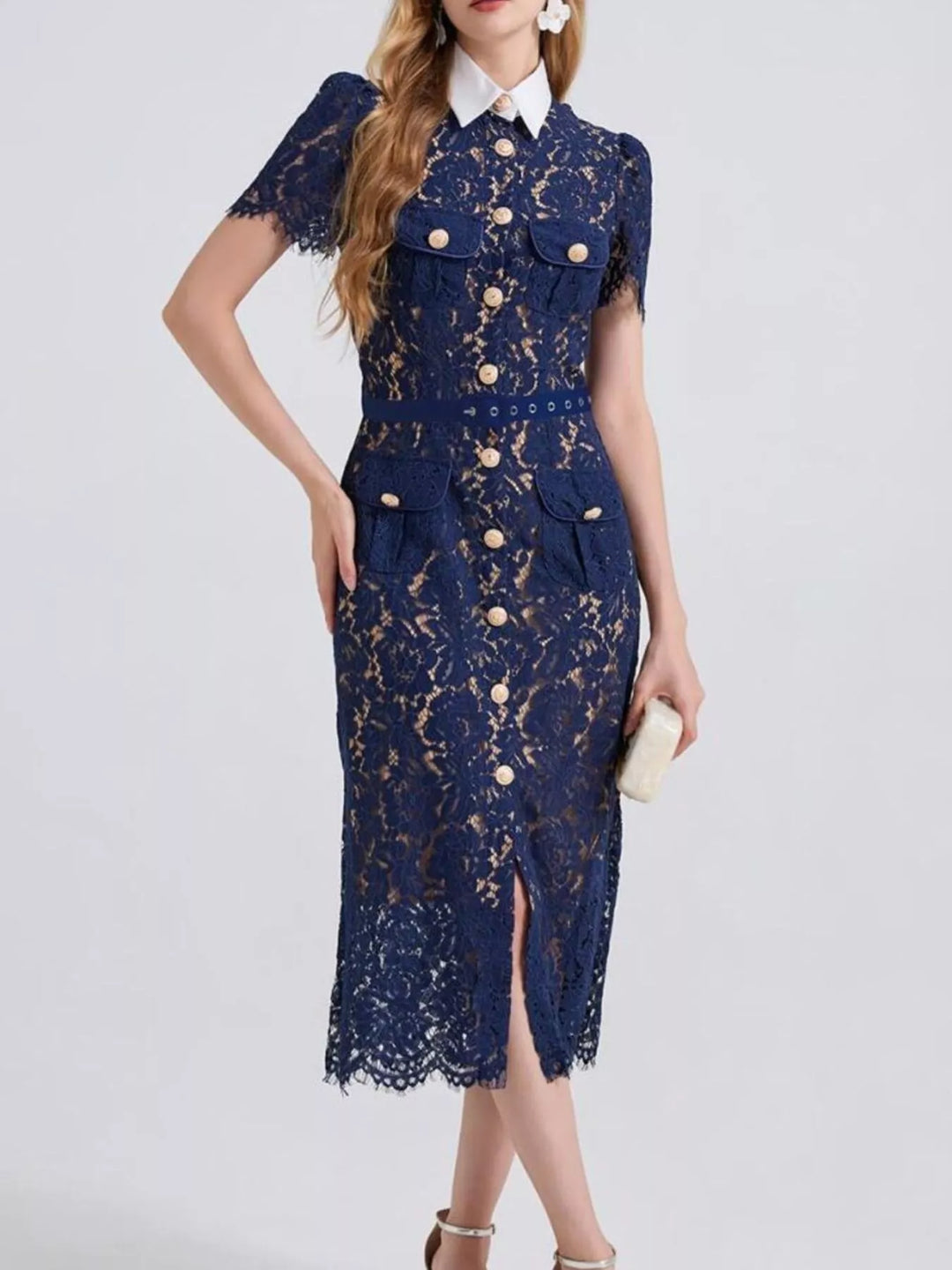 Blue Belted floral lace midi shirt dress with contrast collar