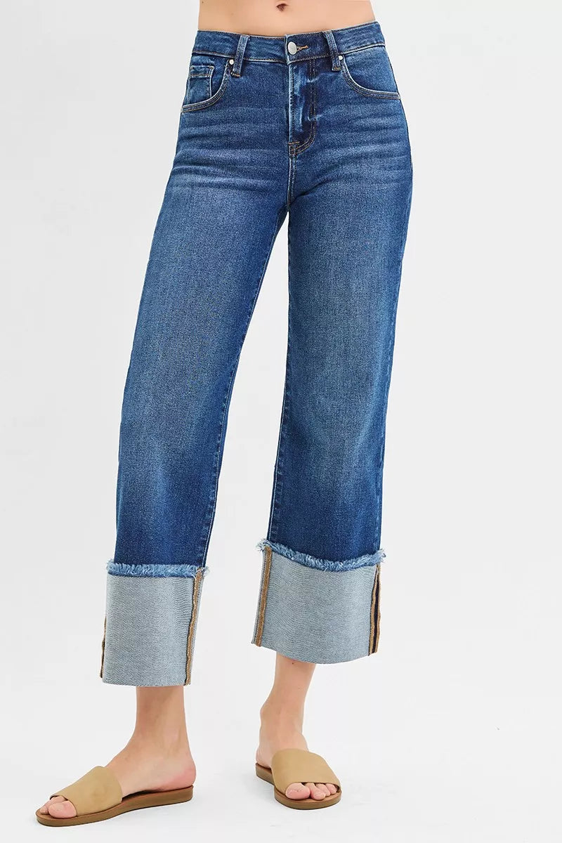 Mid-rise wide-leg crop jeans with raw-hem cuff