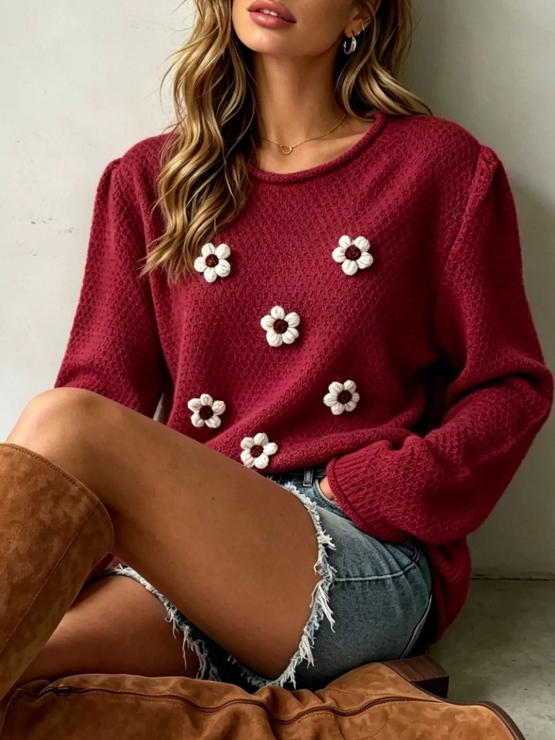 Floral applique textured knit sweater with drop shoulders