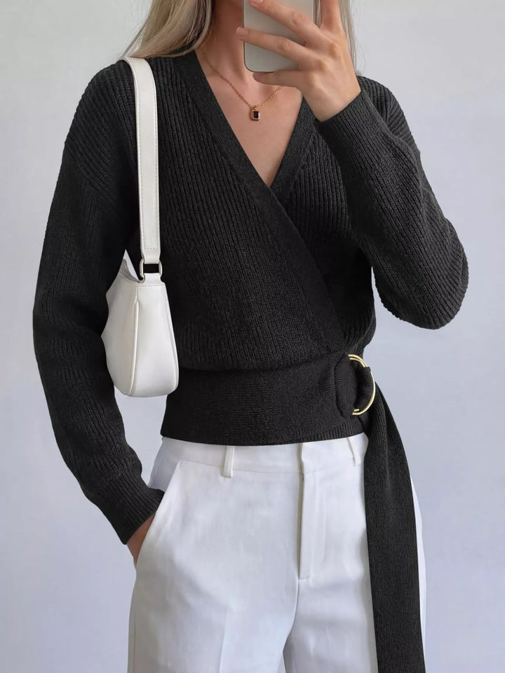 Ribbed knit wrap sweater with gold O-ring belt tie