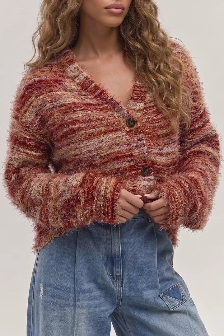 Fuzzy space-dye striped button-front cardigan sweater