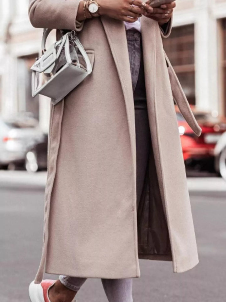 Tie-waist longline coat with notched lapels and pockets