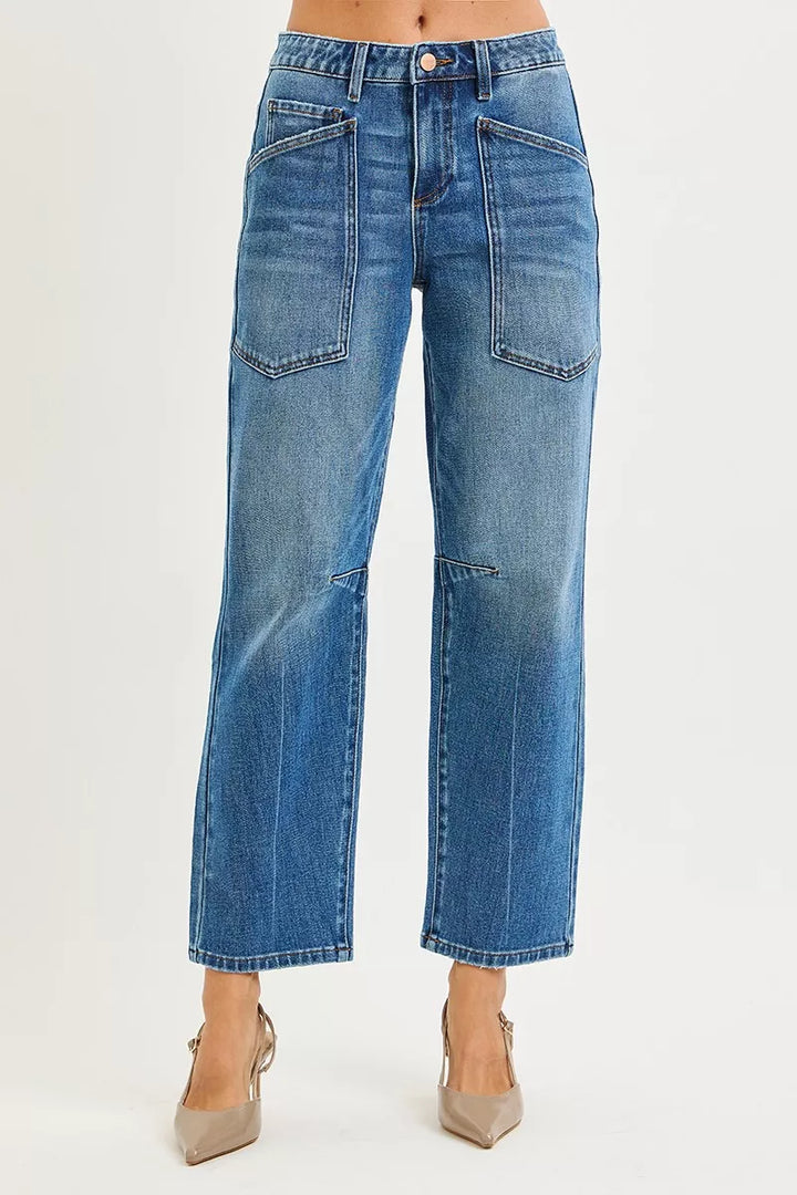 DARK Mid-rise barrel leg jeans with front patch pockets