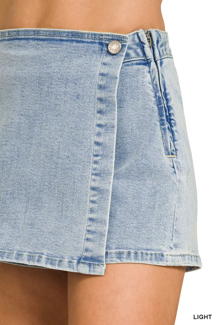 Wrap front denim mini skort with button closure