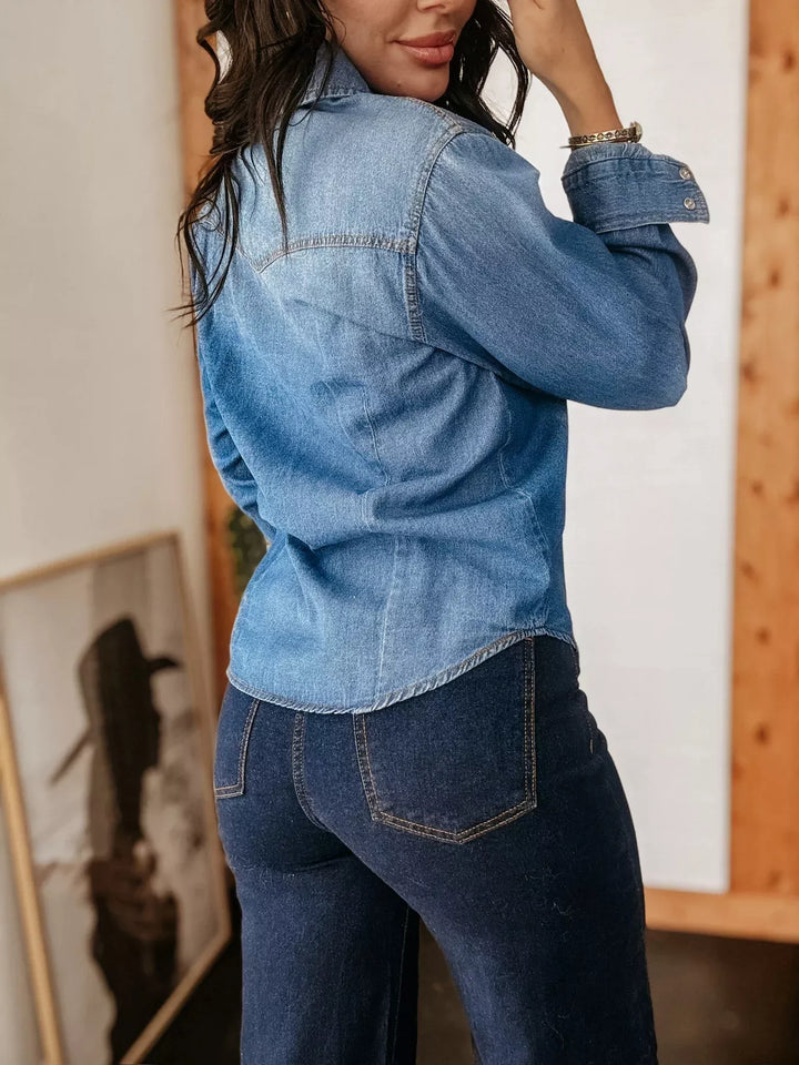 Washed western denim shirt with pearl snap buttons