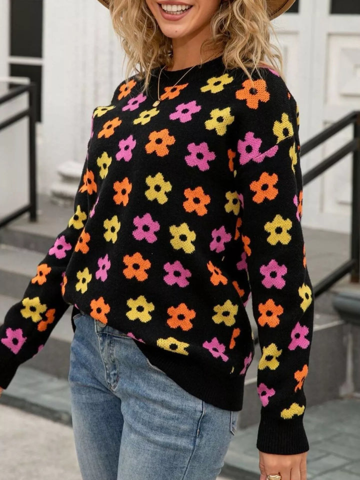 Retro daisy floral crew neck knit sweater