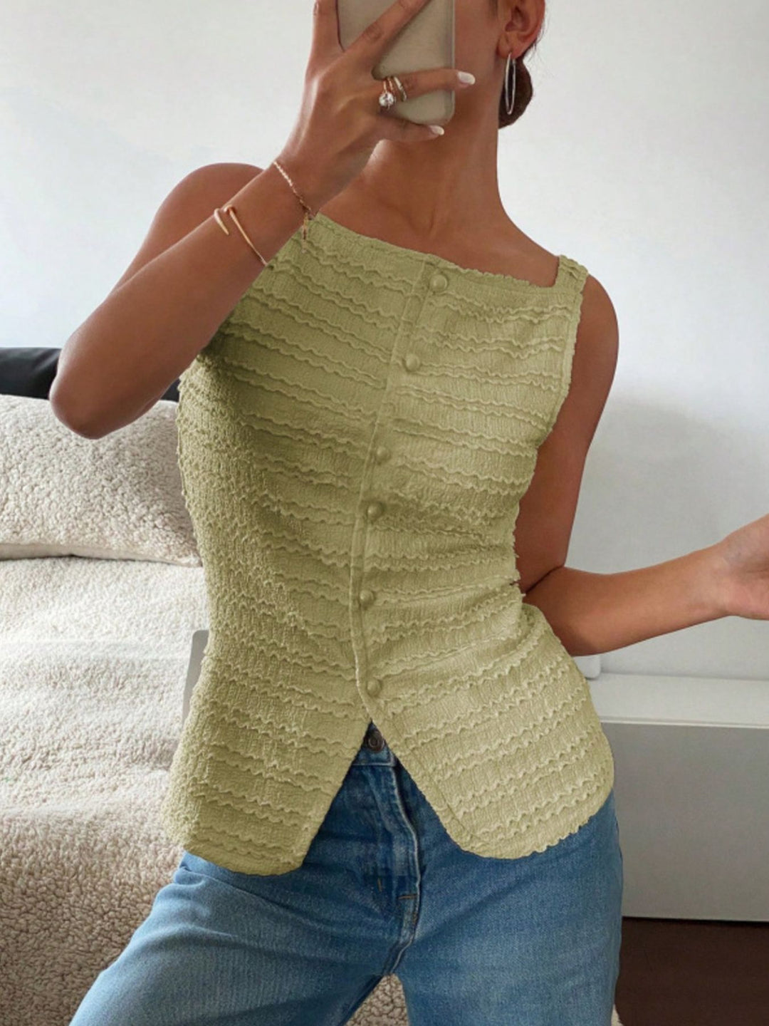 Textured button-front tank with square neck and split hem